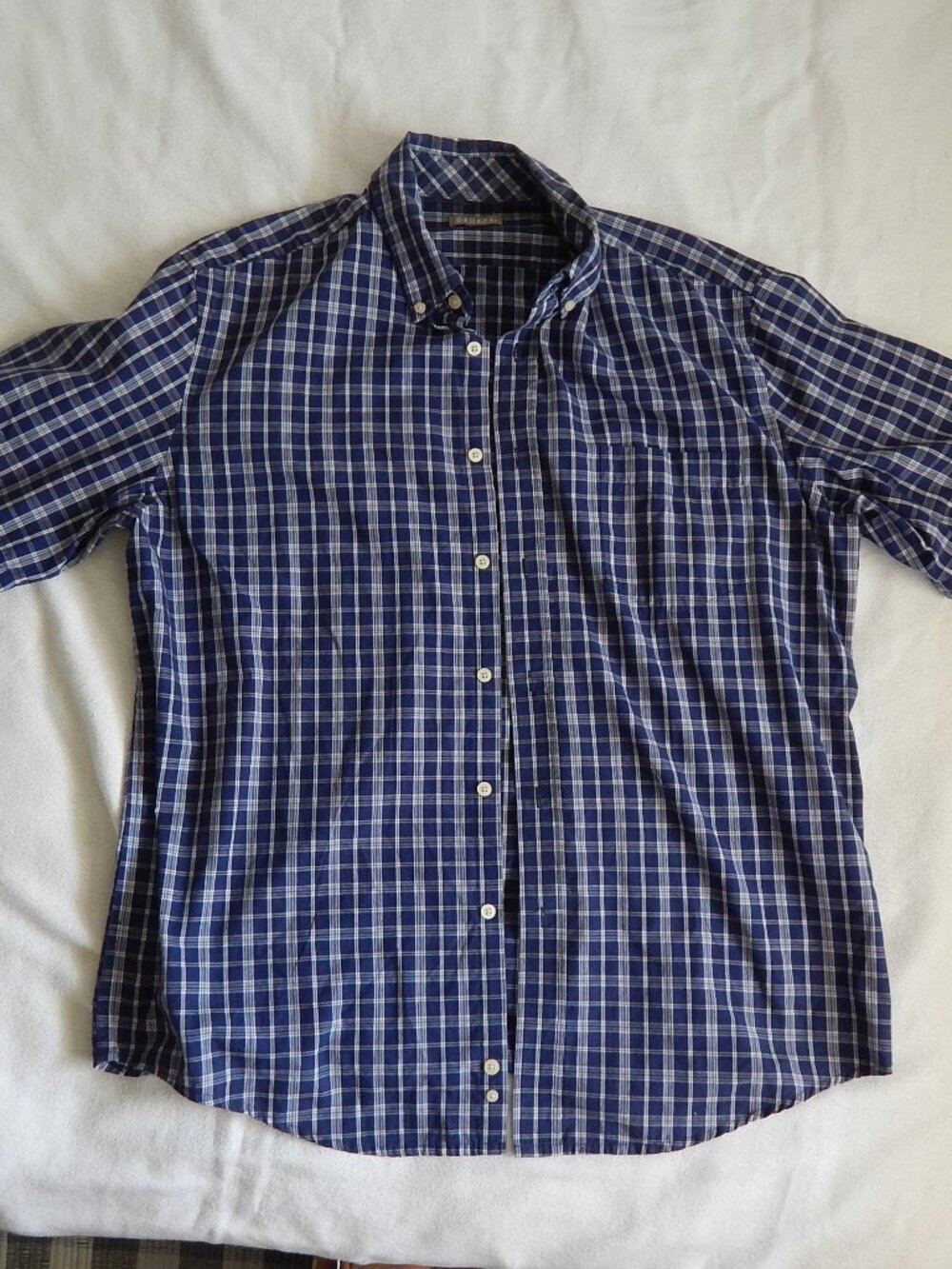 George Plaid Short Sleeve Button Down Shirt - Men's Size Large 42-44 Navy White